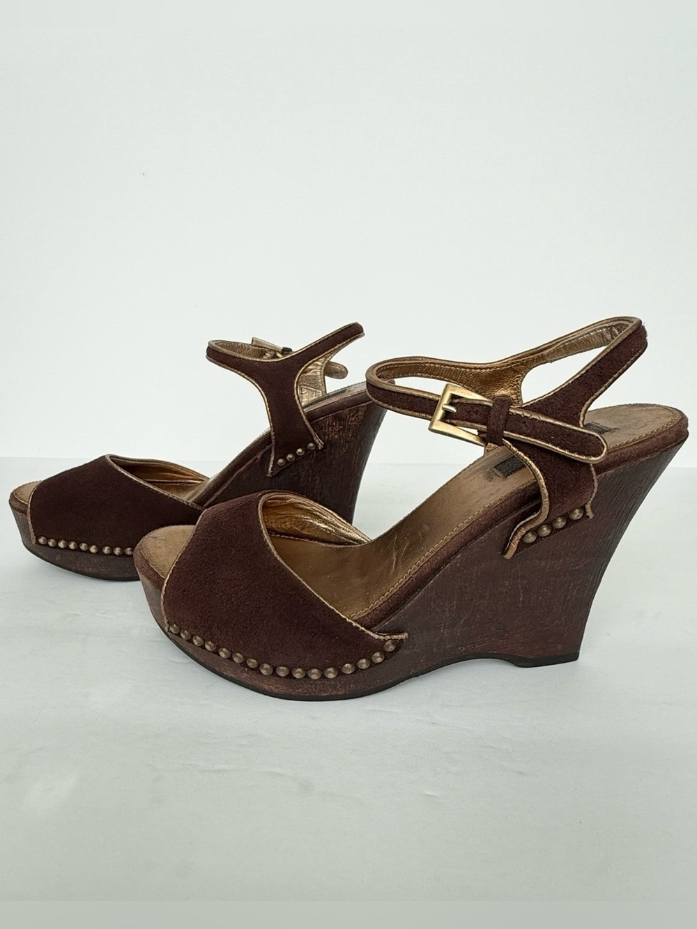 Vintage Prada Brown Suede Studded Platform Wedge Slingback Sandals 35.5/5.5